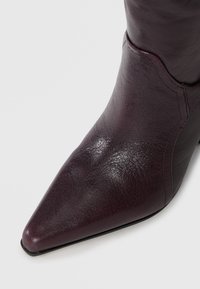 Burgundy leather ankle boot with a pointed toe, smooth texture, subtle stitching details, and a tapered heel.