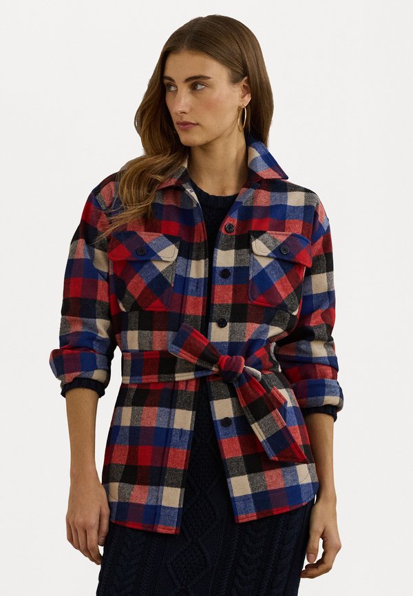 CHECK BELTED TWILL SHIRT JACKET - Button-down blouse