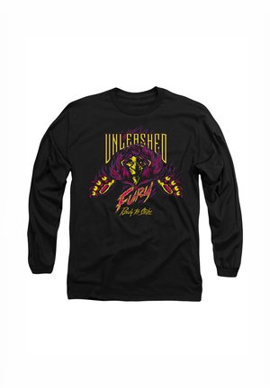 Black long-sleeve shirt featuring bold graphic design of a lion with purple accents and yellow text reading "UNLEASHED FURY Ready to Strike."