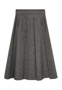 Falda de lana gris con pliegues, de longitud hasta la rodilla, que presenta una cinturilla ajustada y un acabado texturizado. Diseño simple y elegante adecuado para diversas ocasiones.