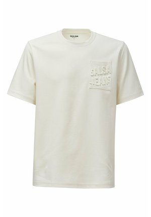 Kurzärmliges T-Shirt aus cremefarbener Baumwolle mit rundem Halsausschnitt und einer strukturierten Tasche, die das Logo "Salsa Jeans" trägt.