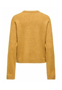 Pull en laine marron à manches longues avec col rond et poignets côtelés, vu de dos sur fond blanc.