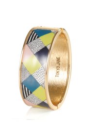Gold-tone bangle with a colorful geometric pattern featuring pink, blue, green, black, and white. Smooth exterior with a shiny finish.