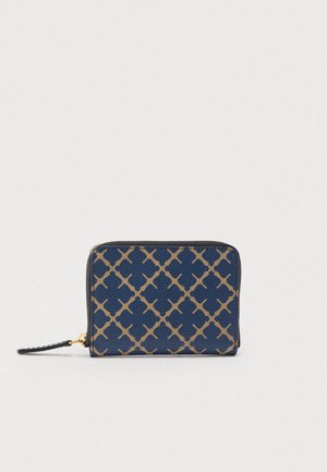 Marineblaues Portemonnaie mit goldenem geometrischem Muster, glattem Leder, Reißverschluss und abnehmbarem Handgelenksriemen.