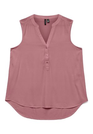 Mouwloze roze blouse van lichtgewicht stof met een V-hals en knopen aan de voorkant. Gebogen zoom voor een relaxte pasvorm, zachte textuur en eenvoudig ontwerp.
