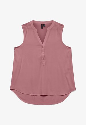 Ujjatlan rózsaszín blúz könnyű anyagból, V nyakkivágással és gombos elülső résszel. Ívelt aljú fazon a laza illeszkedés érdekében, sima textúra és egyszerű design.