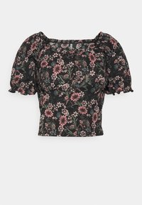 Blusa preta com mangas bufantes e decote quadrado. Apresenta padrões florais em rosa e verde, textura franzida e punhos elásticos.