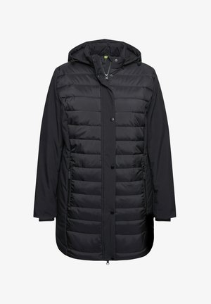 Czarna ocieplana parka z zapięciem na zamek i napy, kapturem oraz dwoma bocznymi kieszeniami. Mieszanka gładkich i pikowanych tekstur. Średniej długości.