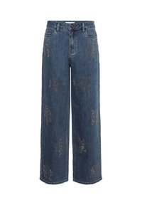 Jean bleu taille haute à jambes larges avec broderie florale scintillante dispersée sur le devant et fermeture par bouton et zip.
