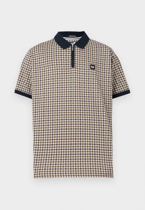 Short-sleeve polo shirt with beige, brown, and white check pattern, black collar and sleeve cuffs, front zipper, and small chest logo patch.