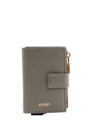Compact grijze leren portemonnee met druksluiting, gouden ritssluiting aan de zijkant en "JOOP!" logo in goud op de voorkant gedrukt.