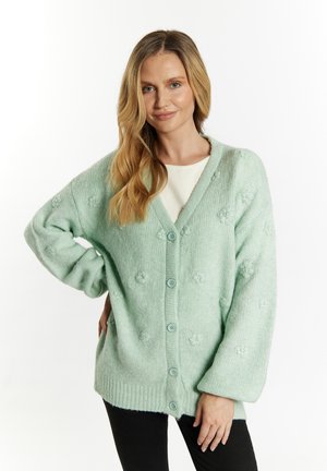 Cardigan verde menta con una trama a maglia larga, caratterizzato da un collo a V, motivi floreali e bottoni grandi. Orlo e maniche a costine.