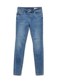 Jeans skinny din material denim de culoare albastru deschis, având cinci buzunare, fermoar și detalii fine de ușoară uzură.
