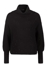 Suéter negro de punto acanalado con cuello alto y mangas largas, adornado con pequeñas lentejuelas dispersas para un brillo sutil.