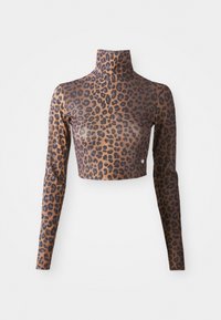 Langærmet cropped top med leopardprint i brune og sorte farver, med høj hals og glat, sleek tekstur. Diskret logo-detalje ved kanten.