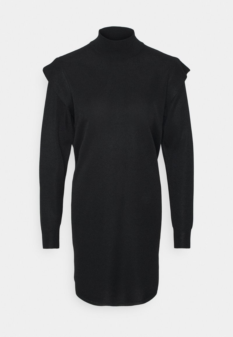 Schwarzes Strickkleid mit hohem Kragen, langen Ärmeln und rüschierten Schulterakzenten. Glatte Textur, figurbetonte Silhouette und knielanger Schnitt.