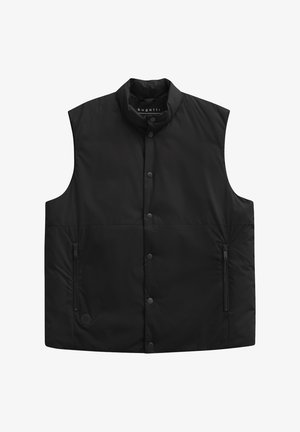 Schwarze ärmellose Weste mit hohem Kragen, Druckknopfverschluss auf der Vorderseite, zwei seitlichen Reißverschlusstaschen und einer glatten, matten Oberfläche. Leichtes Design.