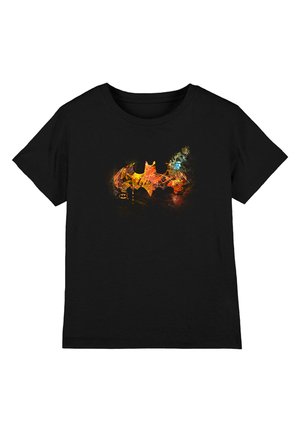 Black short-sleeve t-shirt with a fiery, abstract bat symbol design in orange, yellow, and blue colors centered on the front.