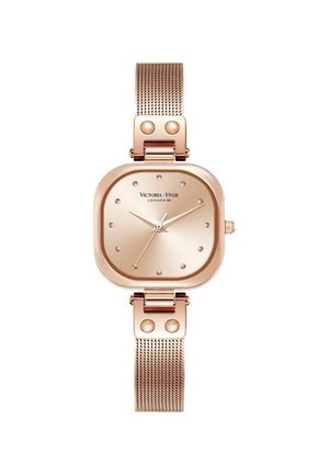 Montre-bracelet carrée en or rose avec bracelet en maille, cadran minimaliste affichant l'heure à 10h09, avec le logo "Victoria Hyde London" sur le cadran.