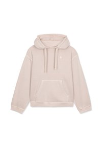 Lys beige cropped hoodie lavet af blød stof, som har en forlommet, snor i huen og minimal branding på brystet.