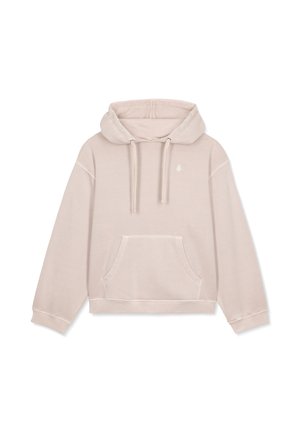 Jasno beżowy, krótki hoodie wykonany z miękkiego materiału, z kieszenią z przodu, kapturem ze sznurkiem i minimalistycznym logo na klatce piersiowej.