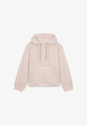 Hellbeige Cropped-Hoodie aus weichem Stoff, mit einer Vordertasche, Zugkordelkapuze und minimaler Markenkennzeichnung auf der Brust.