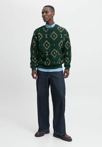 Pull à motifs verts avec des motifs en losange, associé à une chemise à col bleu clair et un jean foncé. Des bottes noires complètent la tenue.