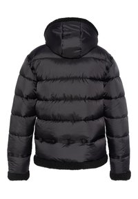 Giacca a vento nera con cappuccio, caratterizzata da un design trapuntato, bordo e polsini in morbido fleece e una finitura liscia e lucida.