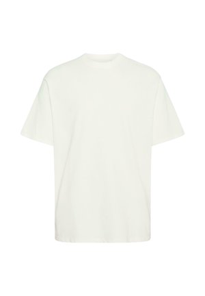 Biała bawełniana koszulka z luźnym krojem, okrągłym dekoltem, krótkimi rękawami i prostym dołem, charakteryzująca się gładką fakturą i brakiem widocznych wzorów.