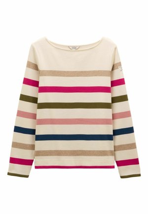 Hosszú ujjú csíkos felső krémszínben, vízszintes rózsaszín, zöld, kék és bézs csíkokkal, széles nyakkivágással és puha textúrával.