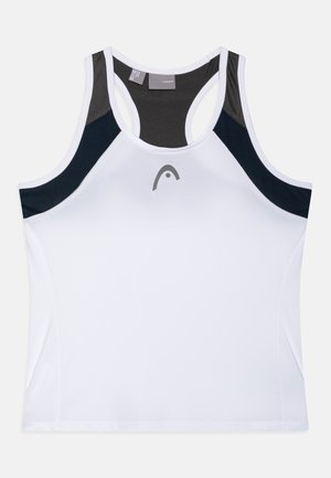 Biały sportowy top bez rękawów z czarnymi i szarymi akcentami. Z designem typu racerback, gładką fakturą i logo na środku.