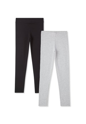 Due coppie di leggings semplici, una nera e una grigia chiara, adagiate su uno sfondo bianco.