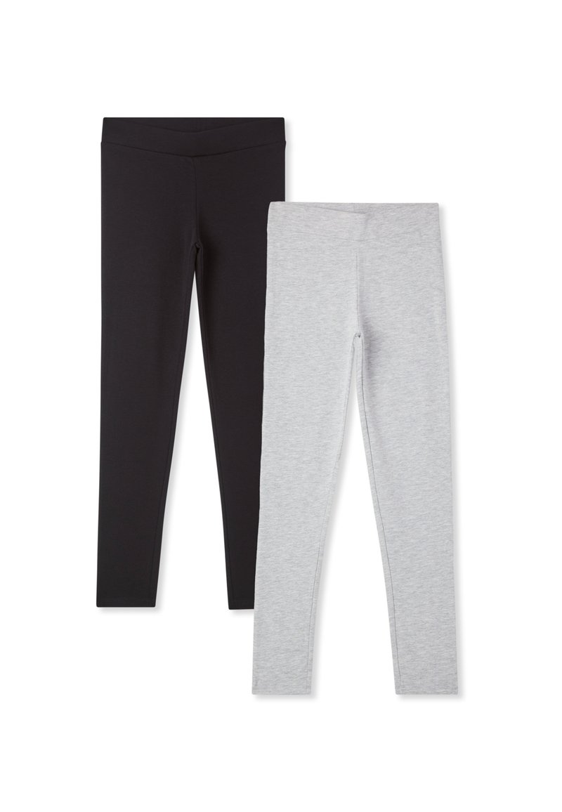 Dwie pary gładkich legginsów, jedne czarne i jedne jasnoszare, ułożone na białym tle.