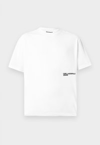 Vit bomullst-shirt med rund halsringning, korta ärmar och tryckt "KARL LAGERFELD JEANS"-logotyp i svart på vänster bröst.