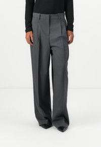 Gray tailored trousers with pleats, made from smooth fabric. Features a high waistband and wide-leg design. Paired with pointed black shoes.