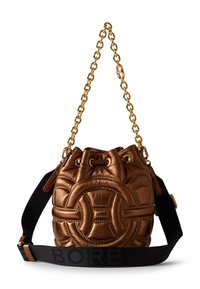 Metallic bronze bucket bag with quilted texture, gold chain handle, and black strap featuring embossed logo. Drawstring closure with eyelets.