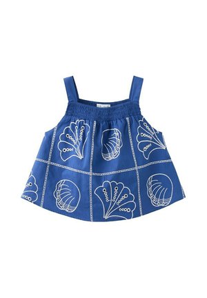 Top azzurro senza maniche per bambino con motivi ricamati bianchi di conchiglie e ventagli disposti a griglia, scollatura elastica arricciata.