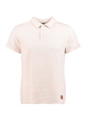Lichtbeige polo met korte mouwen en omgeslagen manchetten, drie knopen, gestructureerde stof en een klein bruin logoplakje bij de zoom.