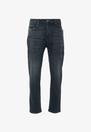 Jeans in denim blu scuro con taglio dritto, caratterizzati da un leggero effetto sbiadito, tasche frontali e chiusura con bottone.