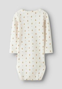 Body a maniche lunghe in maglia per neonati color crema con un motivo ripetuto di piccoli fiori arancioni e foglie verdi. Chiusura a pressione sul fondo.
