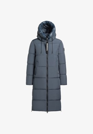 Długi, ocieplany płaszcz w ciemnoszarym kolorze z błyszczącym kapturem, z przodu zapinany na zamek oraz z dwoma bocznymi kieszeniami. Posiada logo oraz elastyczne sznurki ściągające w kapturze.