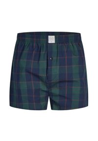 Heren boxershorts met een marineblauw en groen geruit patroon, voorzien van dunne rode lijntjes, een elastische tailleband en een zwarte knoop op de voorste gulp.