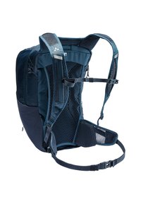Sac à dos bleu foncé avec support dorsal en mesh, bretelles rembourrées, compartiments zippés et ceinture réglable. Dispose d'un design épuré pour un confort optimal.