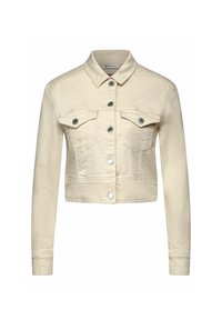 Kort denimjacka i ljusbeige, med två bröstfickor, silverfärgade knappar och en klassisk kragsdesign med en slät textur.