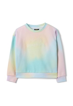 Sudadera de manga larga con efecto tie-dye en tonos pastel, con puños, cuello y dobladillo acanalados, y texto en cursiva blanca "Hello sunshine" en el pecho.