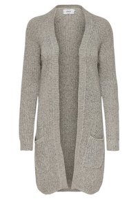Lange open voorkant gebreide cardigan in lichtgrijs met twee zakken aan de voorkant en ribbeltrimming op de mouwen en onderkant.