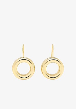 Gold circular earrings featuring a hollow center and a smooth, shiny texture. Attached by a simple hook for easy wear.