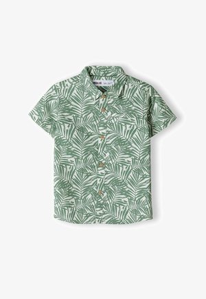 Kortærmet skjorte med et grønt og hvidt tropisk bladmønster, knaplukning foran og krave. Lavet af letvægtsstof.