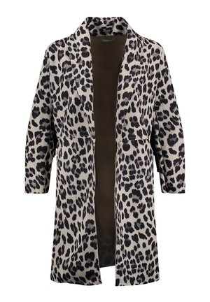 Cappotto in stampa leopardata con apertura frontale, maniche di lunghezza media e texture liscia. I colori includono beige, nero e marrone. Presenta tasche laterali.