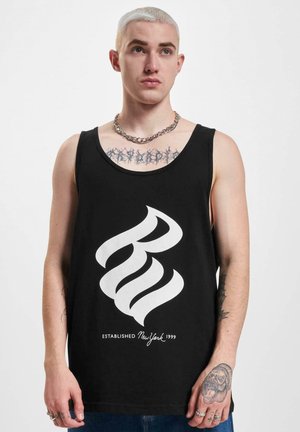 Black cotton tank top with large white swirl graphic and text "ESTABLISHED New York 1999" at the bottom. Features a relaxed fit and wide straps.